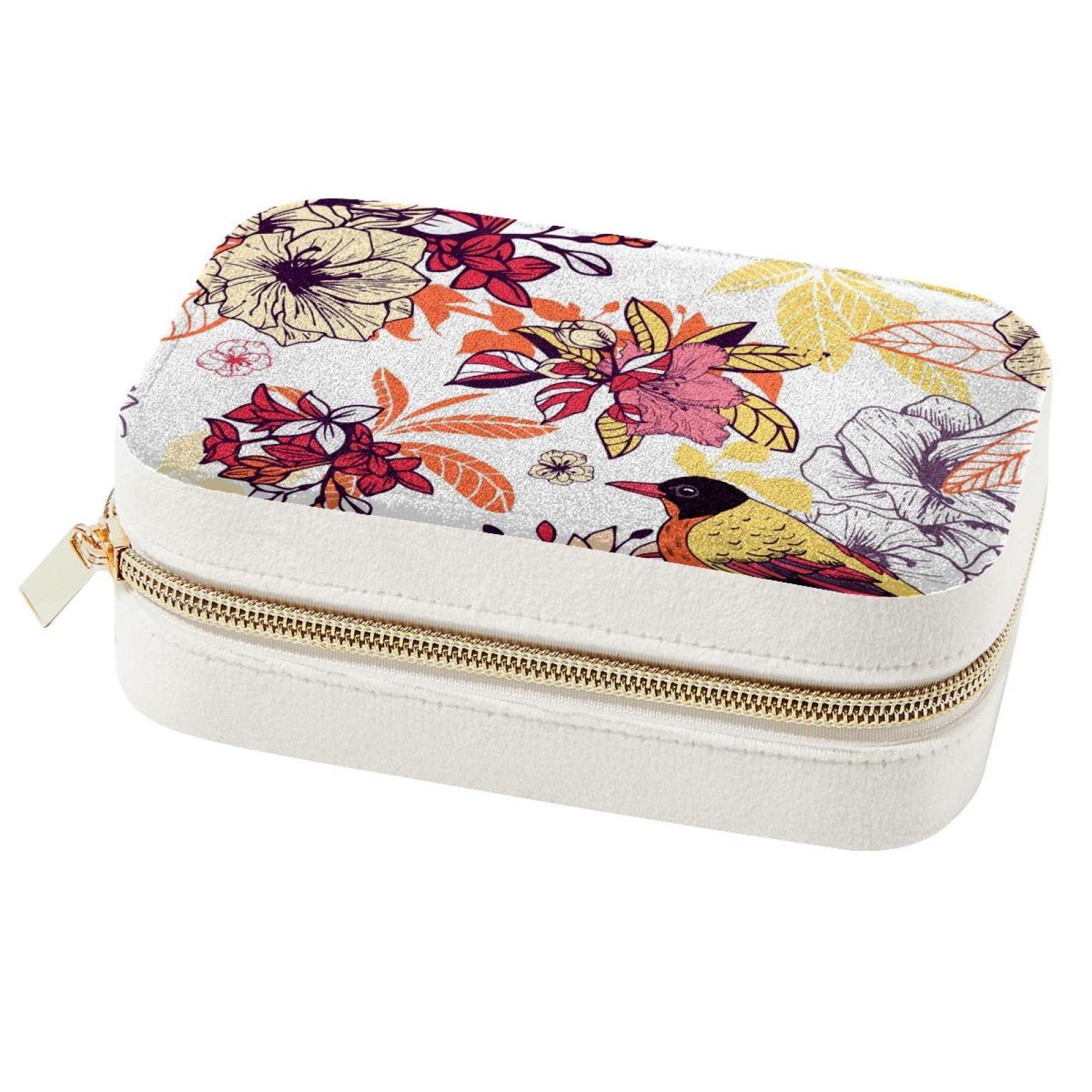 Boîte à bijoux portable anti-nœud à motif floral et oiseau pour ranger bagues et colliers