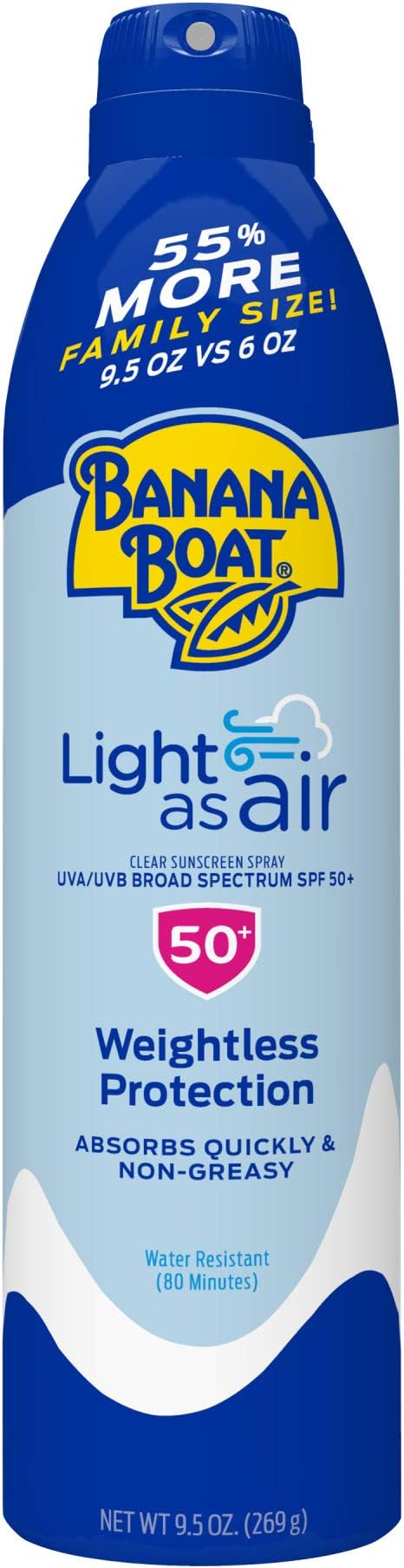 Banana Boat Light As Air Sunscreen Spray SPF 50, 9.5oz | Lightweight, Non-Greasy, Oxybenzone Free, Family Size, 9.5oz