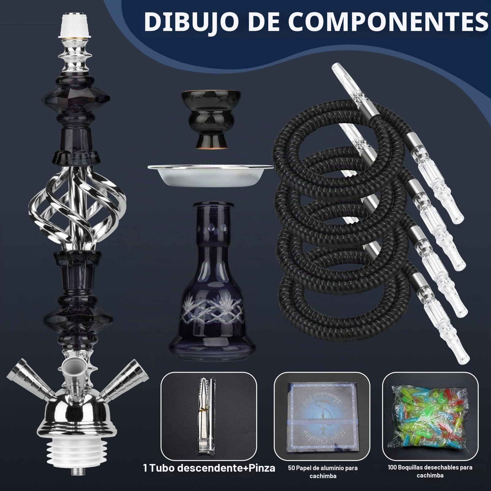Juego de cachimba con 4 mangueras de 22 pulgadas con jarrón de vidrio, cuenco de cerámica y cenicero de pinzas de carbón (4 azules)