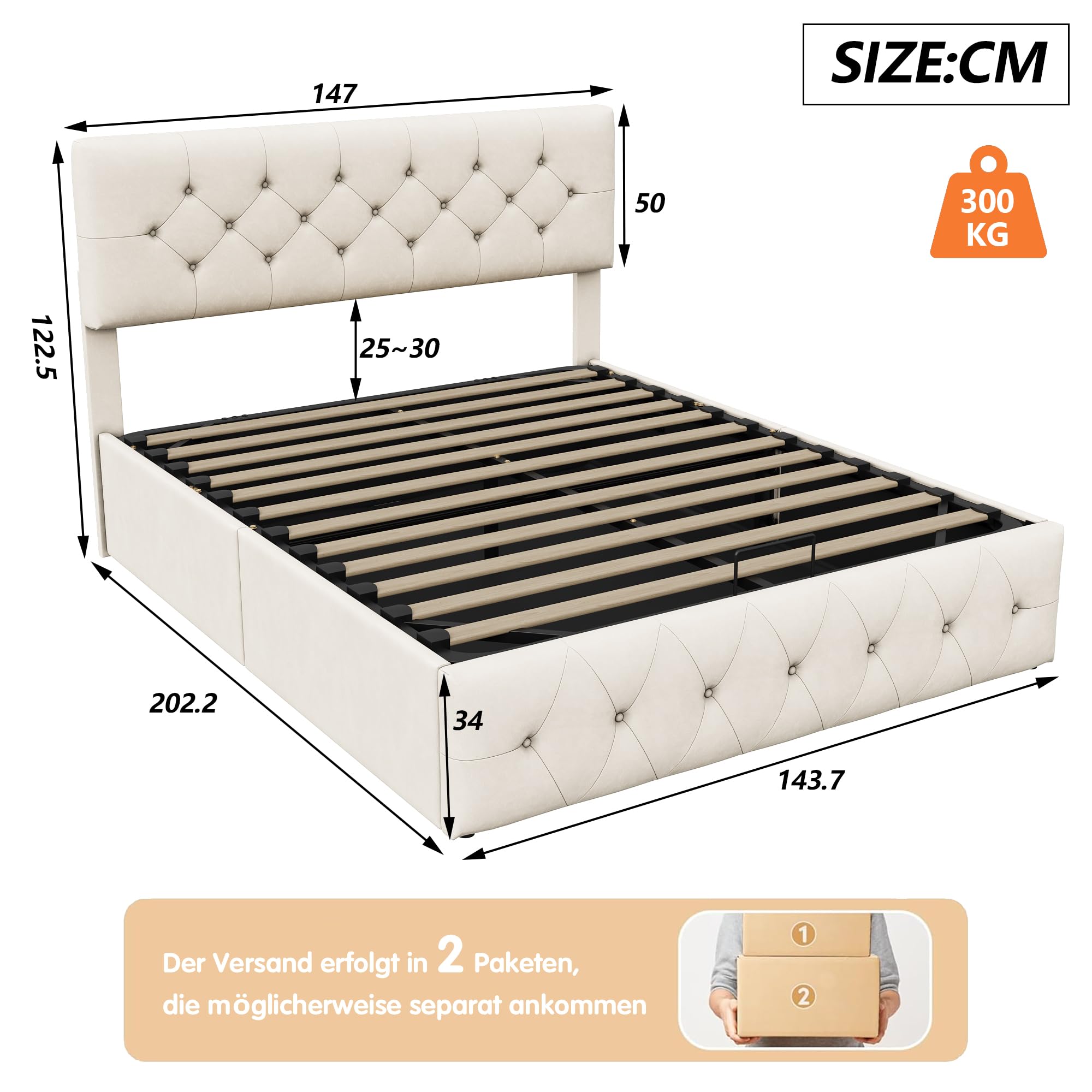 Polsterbett 140x200 cm, Doppelbett mit hydraulischer Hebefunktion und Verstellbares Kopfteil, Bettgestell mit Stauraum, Gepolstertes Bett Stauraumbett Funktionsbett, ohne matratze (140X200CM)