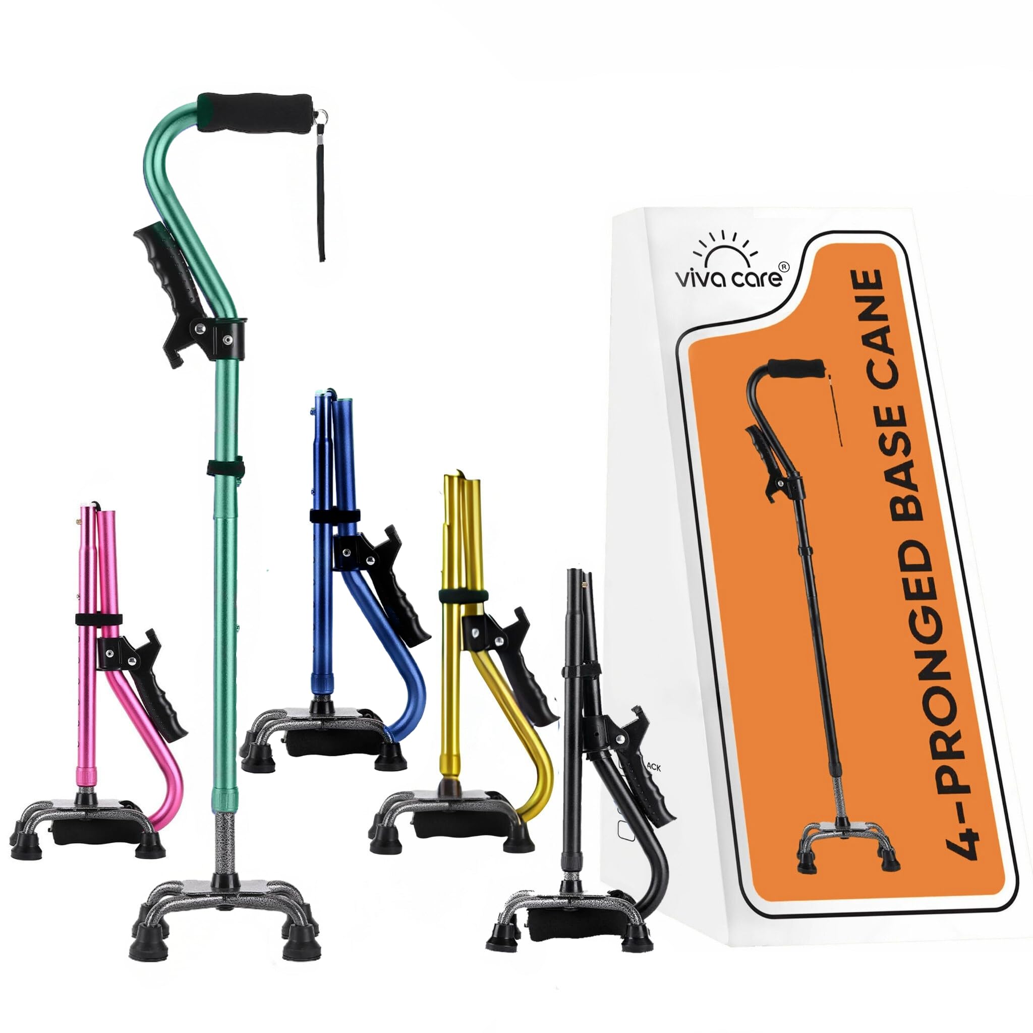 VIVA CARE Walking Cane with 4 Prongs and Extra Side Handle – Adjustable, for Balance & Stability for Adults, Seniors, and Injured.
