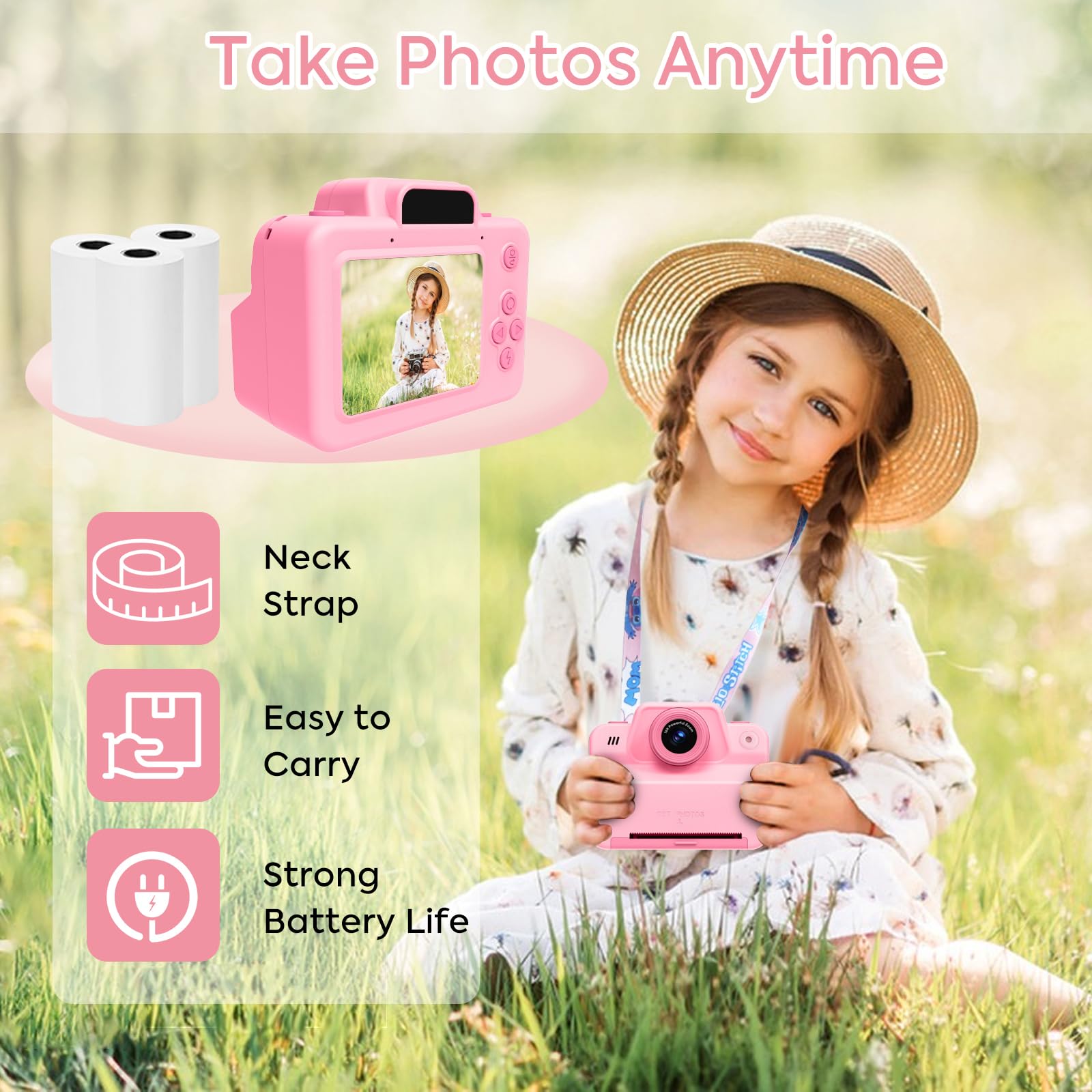 Fotocamera istantanea per bambini, con scheda SD e carta da stampa, 1080P, fotocamera digitale per bambini, regalo di compleanno di Natale, per ragazzi e ragazze, 3-12 anni (rosa)