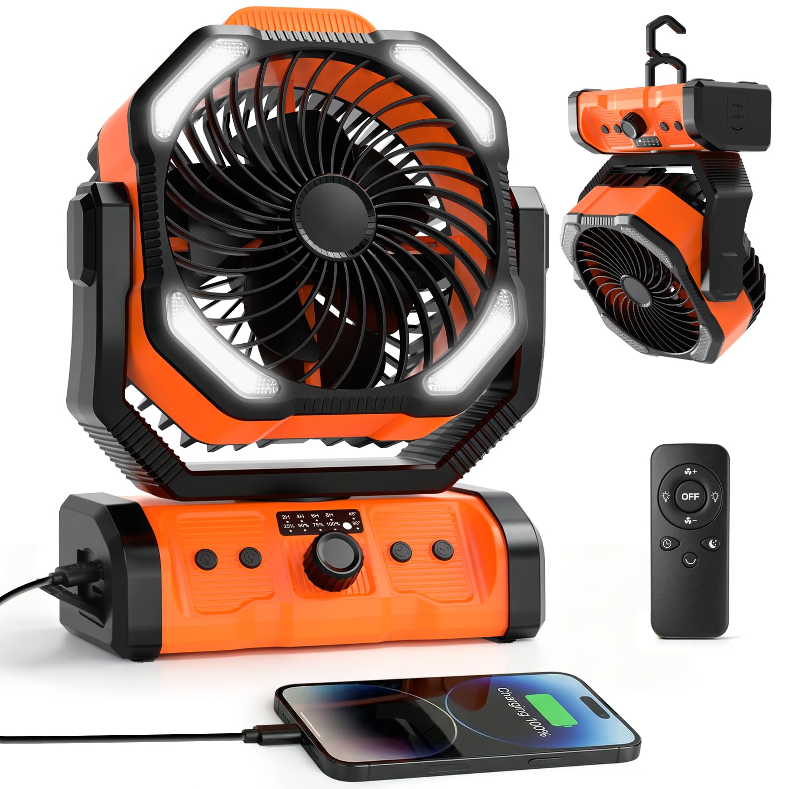 ELZO 20000mAh Camping Fan with LED Light, Portable Rechargeable Desk/Tent/USB Fan with Remote & Hook, 270°Head Rotation, Stepless Speed, with Sleep Mode for Home Outdoor Office Travel Fishing (Orange)