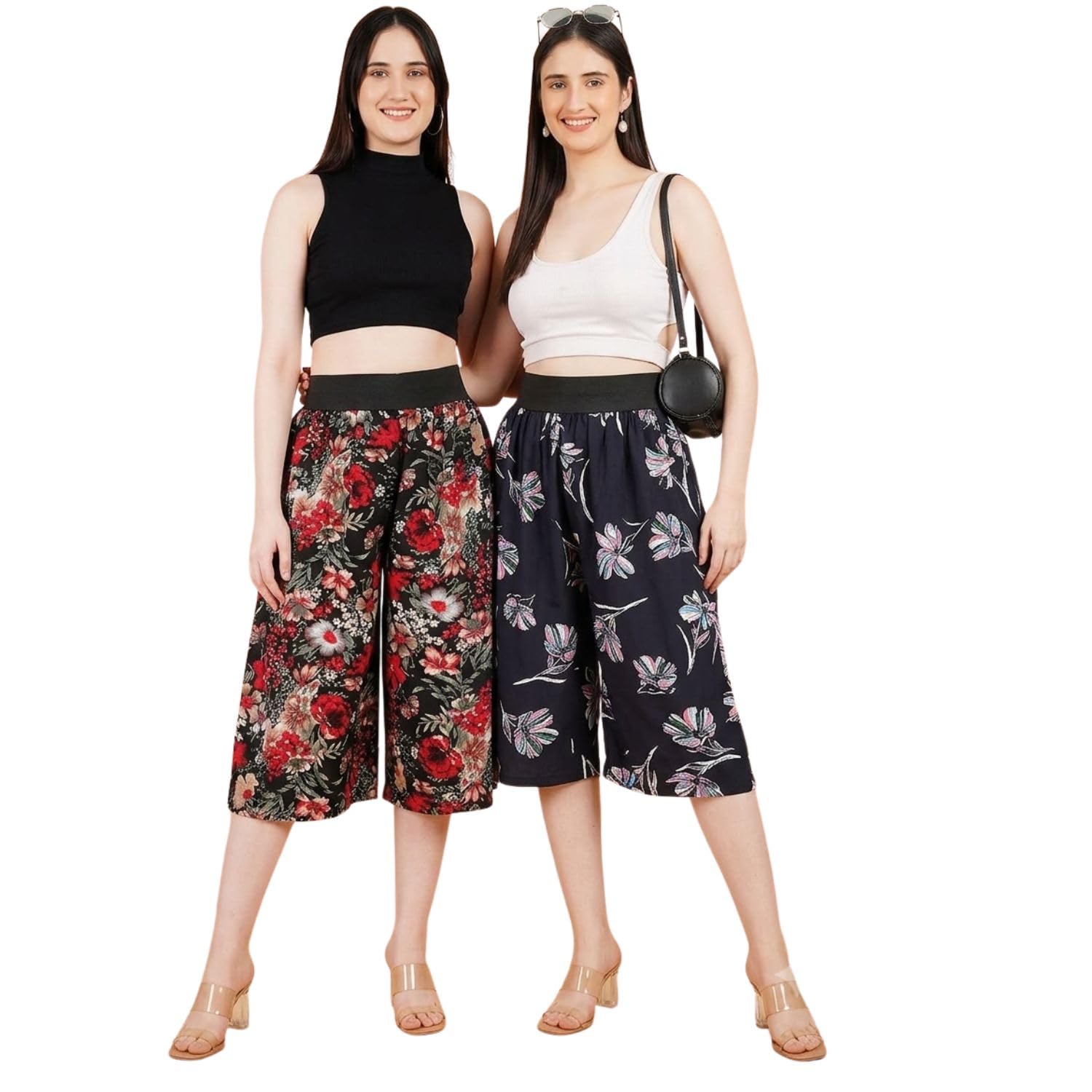 Women's Floral Printed Palazzo Capri Pants, Polyester, High Rise, Elastic Waist, Wide Leg, Casual Wear-picture-23