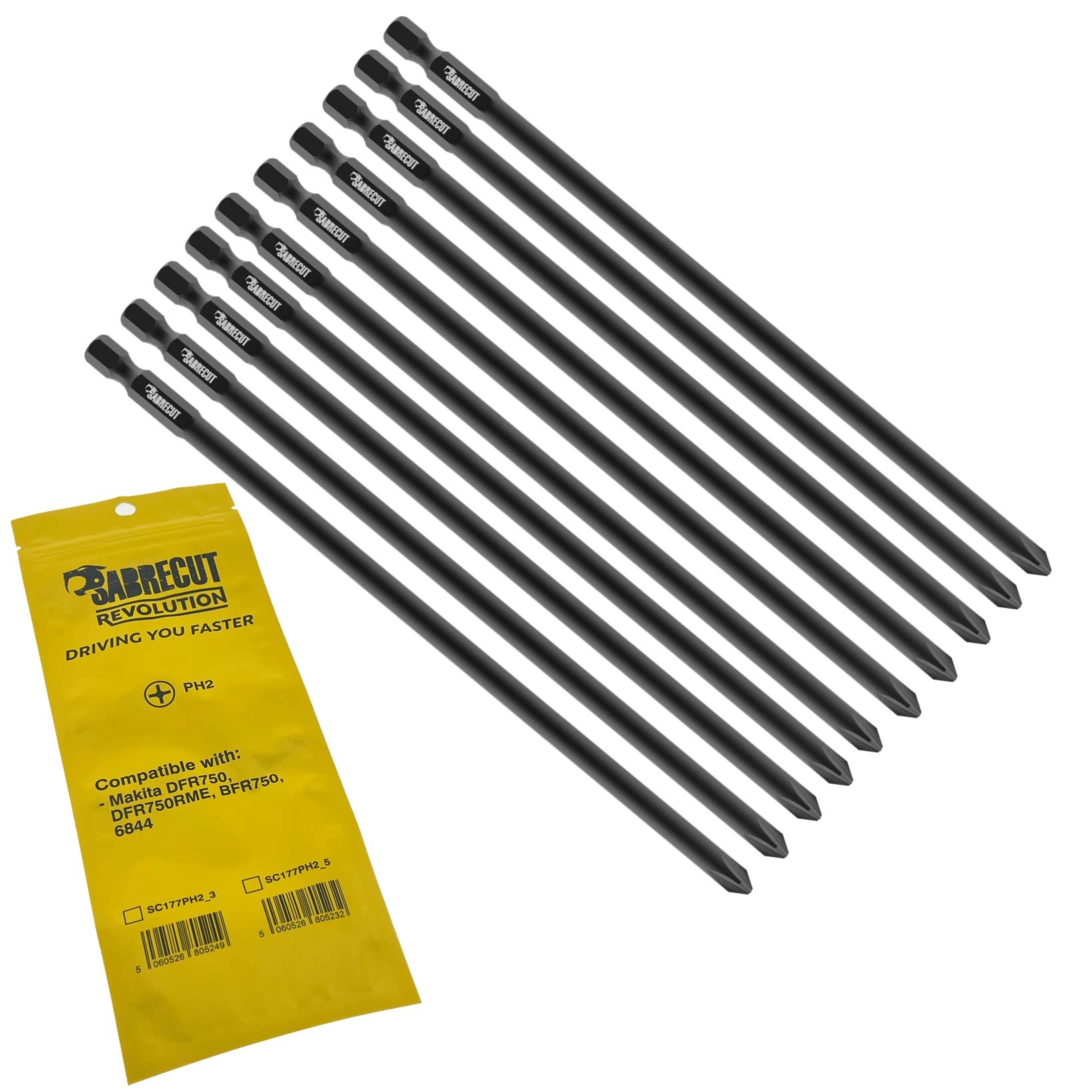 Sabrecut 10 X Sc177ph2_10 177Mm Ph2 Compatible With Makita Dfr750 Dfr750rme Bfr750 6844 P-67804 Autofeed Collated Drywall Screwdriver Gun Bit Single Ended Phillips No.2 Heavy Duty
