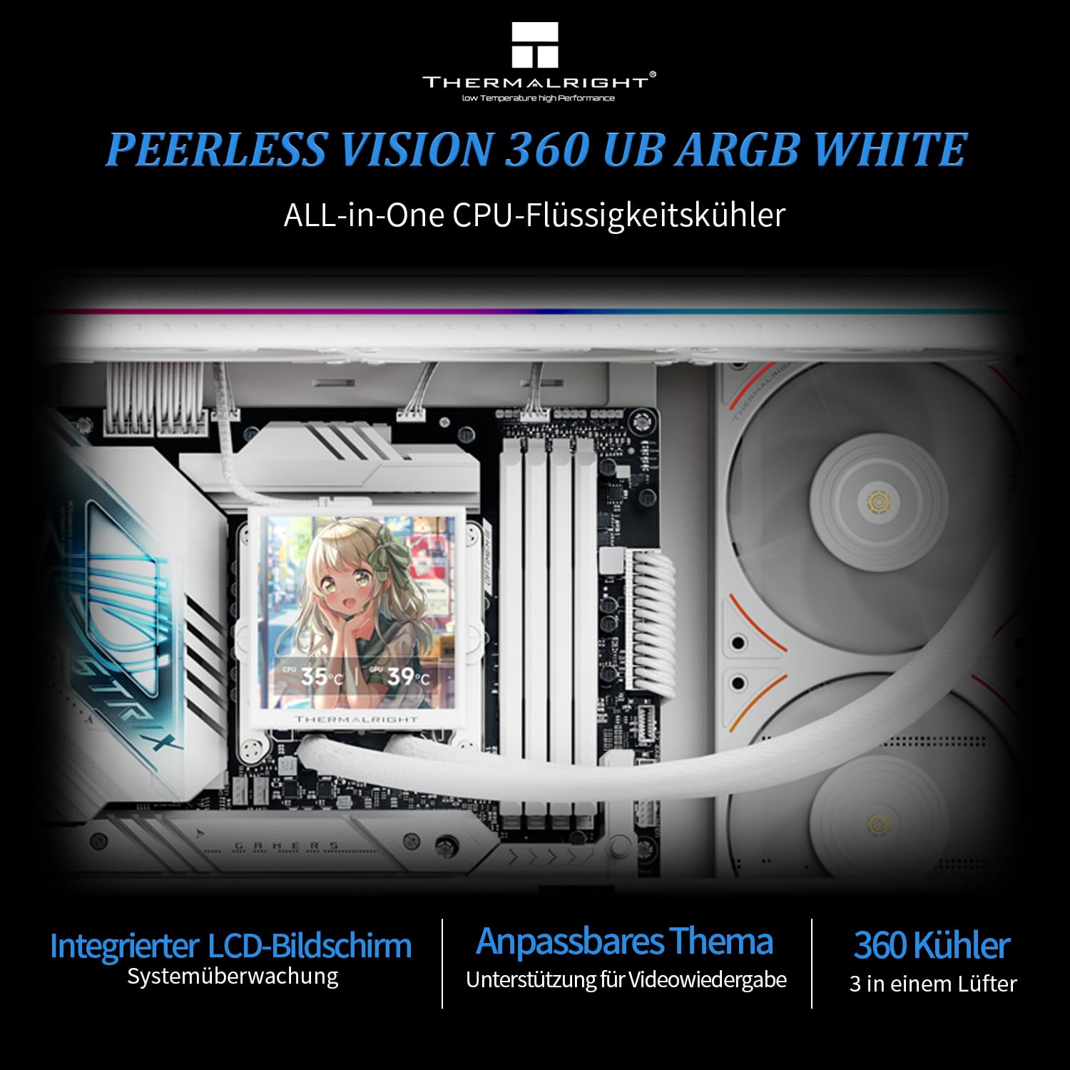 TR Peerless Vision 360 UB ARGB White CPU, 3 ventole in linea, schermo LCD IPS con risoluzione 480 x 480, per Intel LGA1851/1700, AM4/AM5, display da 3,95 pollici