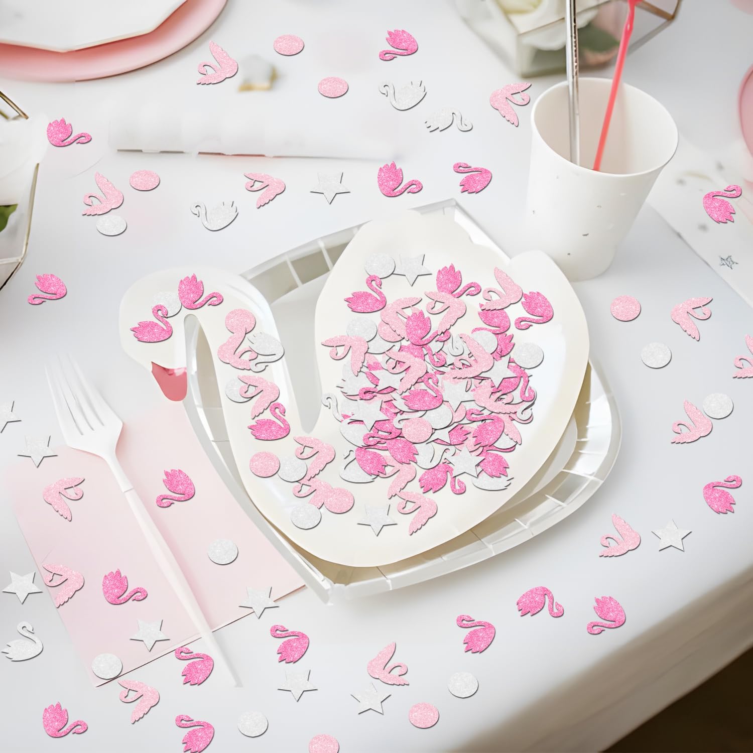 200Pcs Swan Themed Confetti Swan Princess Birthday Party Table Decoration Glitter White Pink Swan Star Dot Confetti Party Confetti for Girls Baby Shower 1st 2nd 3rd Birthday Party Decor Supplies