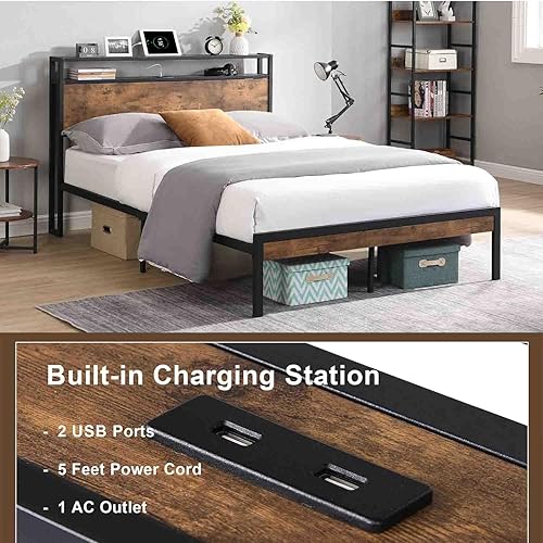 Miniatura 10 de Mdhitsox Base de cama Queen con luces LED, 2 puertos USB, cabecera rústica de almacenamiento de 2 niveles, marco de cama de plataforma industrial,