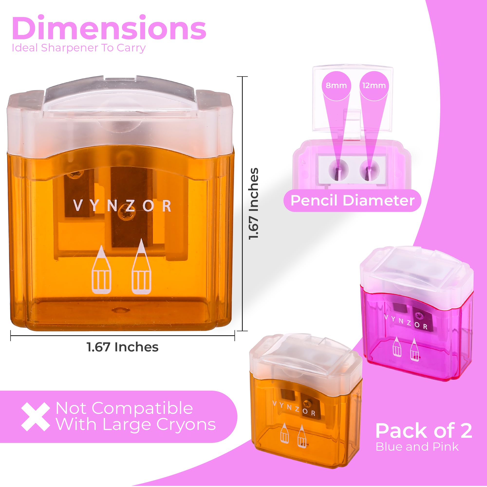 2 Pcs Pencil Sharpener with Container, Dual Holes (8mm, 8mm) Pencil sharpeners for Kids Adults,School, Home and Office - Image 2