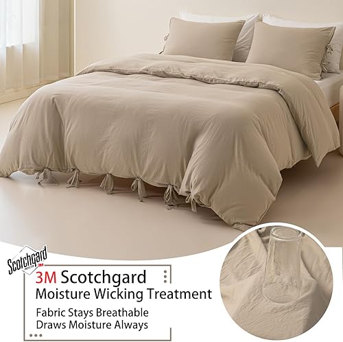 Miniatura 2 de MUKKA Juego de funda de edredón de 3 piezas de tamaño Queen, color beige, bohemio, elegante, marrón y caqui, con lazo de granja, suave y de fácil