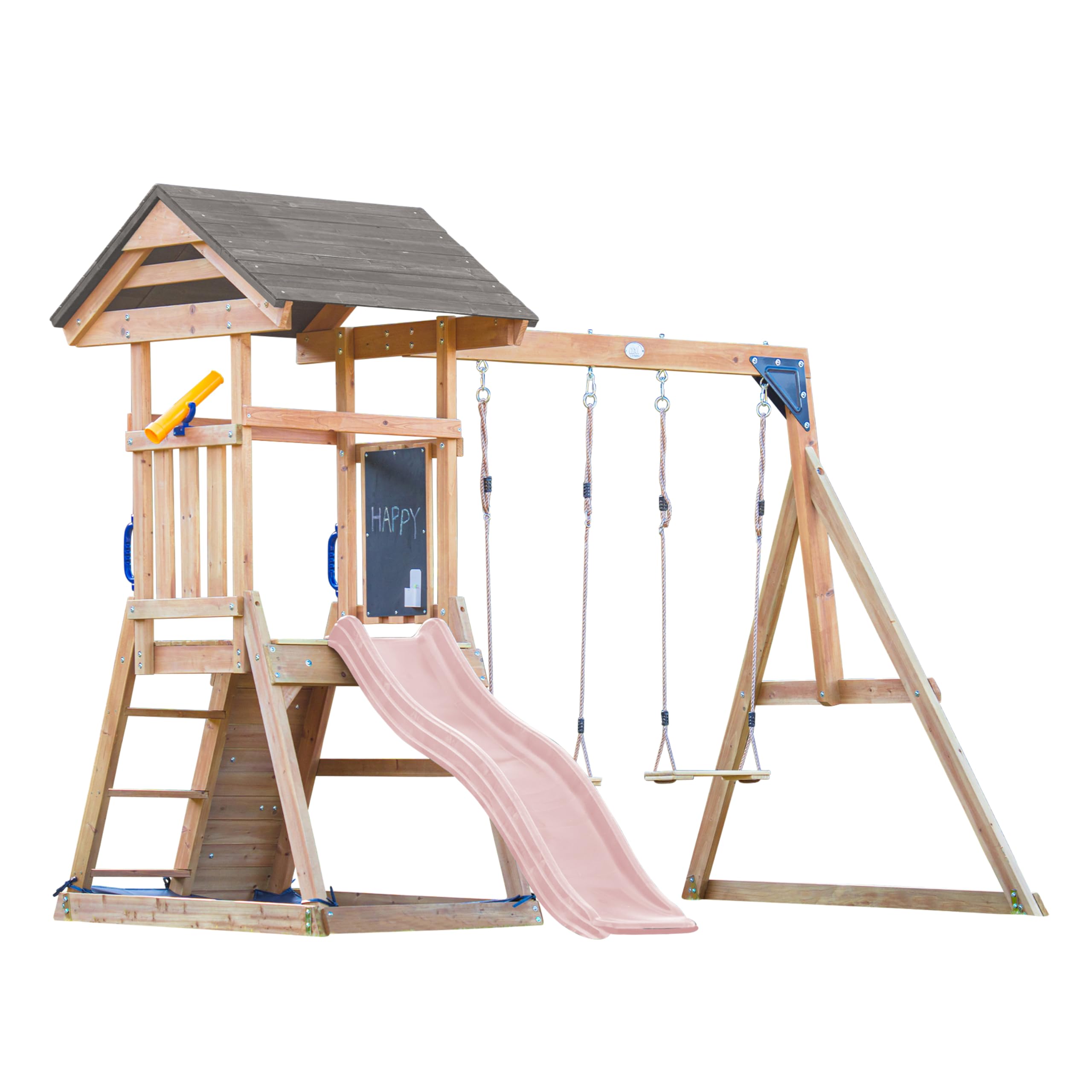 AXI MIA Parque Infantil de Madera en Marron | Torre de Juegos con arenero, Pared de Escalada, Columpio Doble y Tobogan Rosa Pastel | Casita de Juegos sobre pilotes para el Jardin.