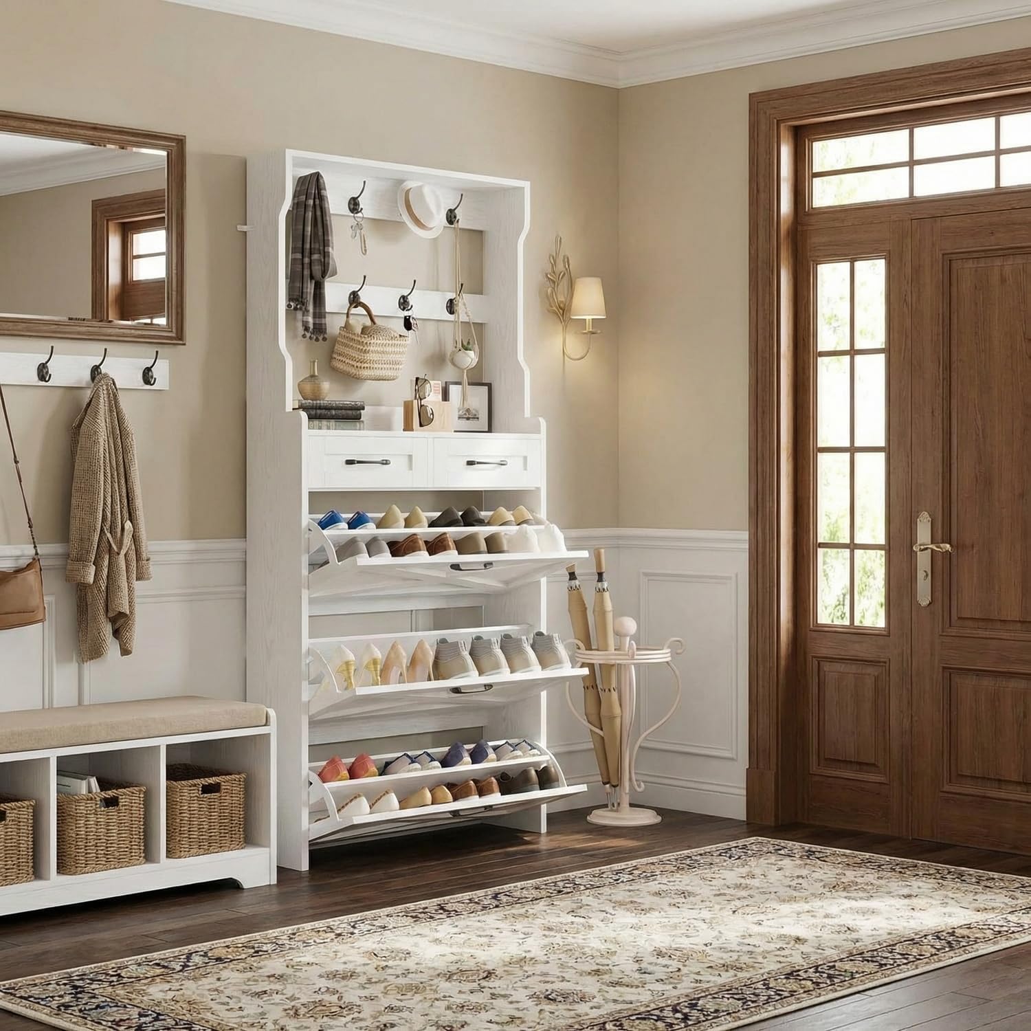 IRONCK Tall Shoe Cabinet with 3 Flip Drawers, Shoe Cabinet Storage for Entryway with Coat Rack, 2 Drawers, Hidden Narrow Shoe Rack Organizer for Hallway Living Room, 2 in 1 Hall Tree, White