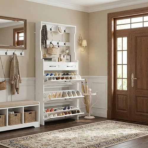 Miniatura 8 de IRONCK Gabinete Alto para Zapatos con 3 Cajones Abatibles, Gabinete de Almacenamiento para Zapatos para Entrada con Perchero, Organizador de Zapatos