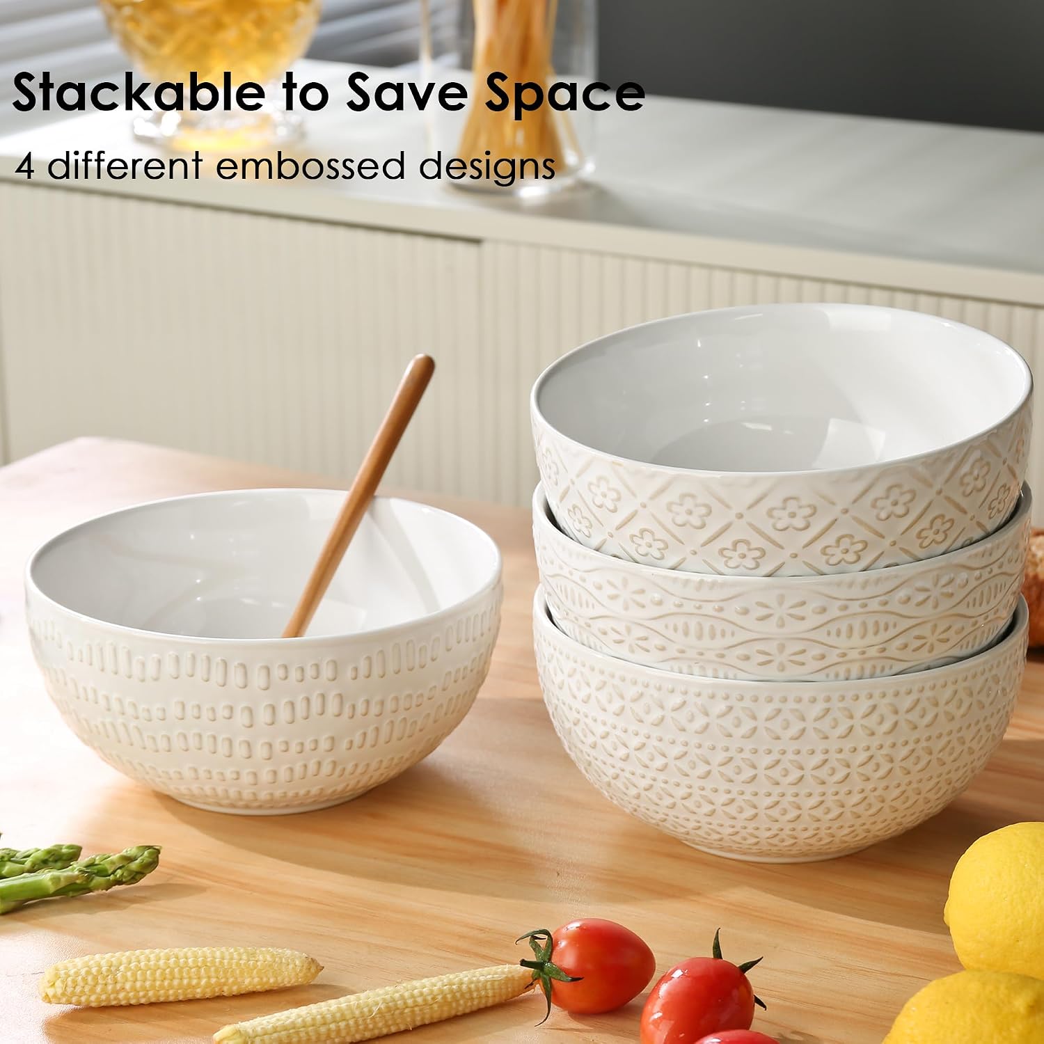24 OZ Large Soup Bowls Set of 4, Farmhouse Embossment Ceramic Cereal Bowls for Salad, Serving, Fruit, Snack, Noodle, Ramen, Pho, Microwave & Dishwasher Safe, 6 Inch White image 2