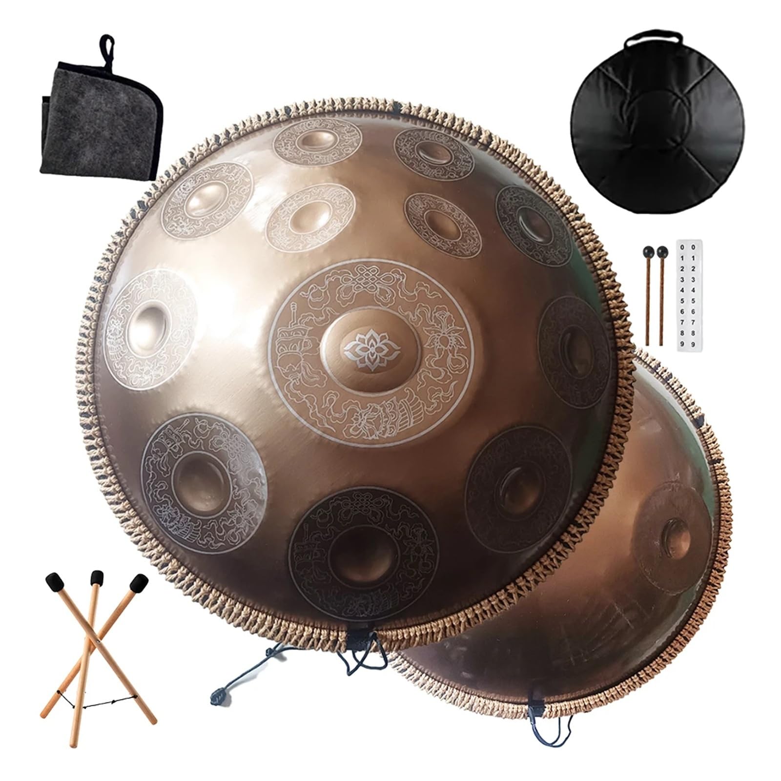 22-calowy złoty rzeźbiony bęben Handpan, 9-14 nut Król stalowy bęben z mniejszą zakładką, instrument perkusyjny 440/432 Hz (10notes-432Hz)