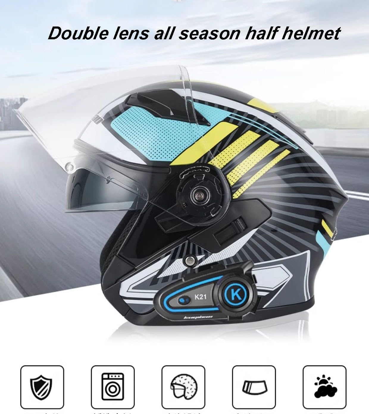 Casco Moto Bluetooth A Faccia Aperta,Casco Jet Vintage 3/4 Casco Anti-Collisione Caschi Cromwell Per Uomo E Donna Con Doppia Visiera Portatile Casco A Scodella Omologati ECE