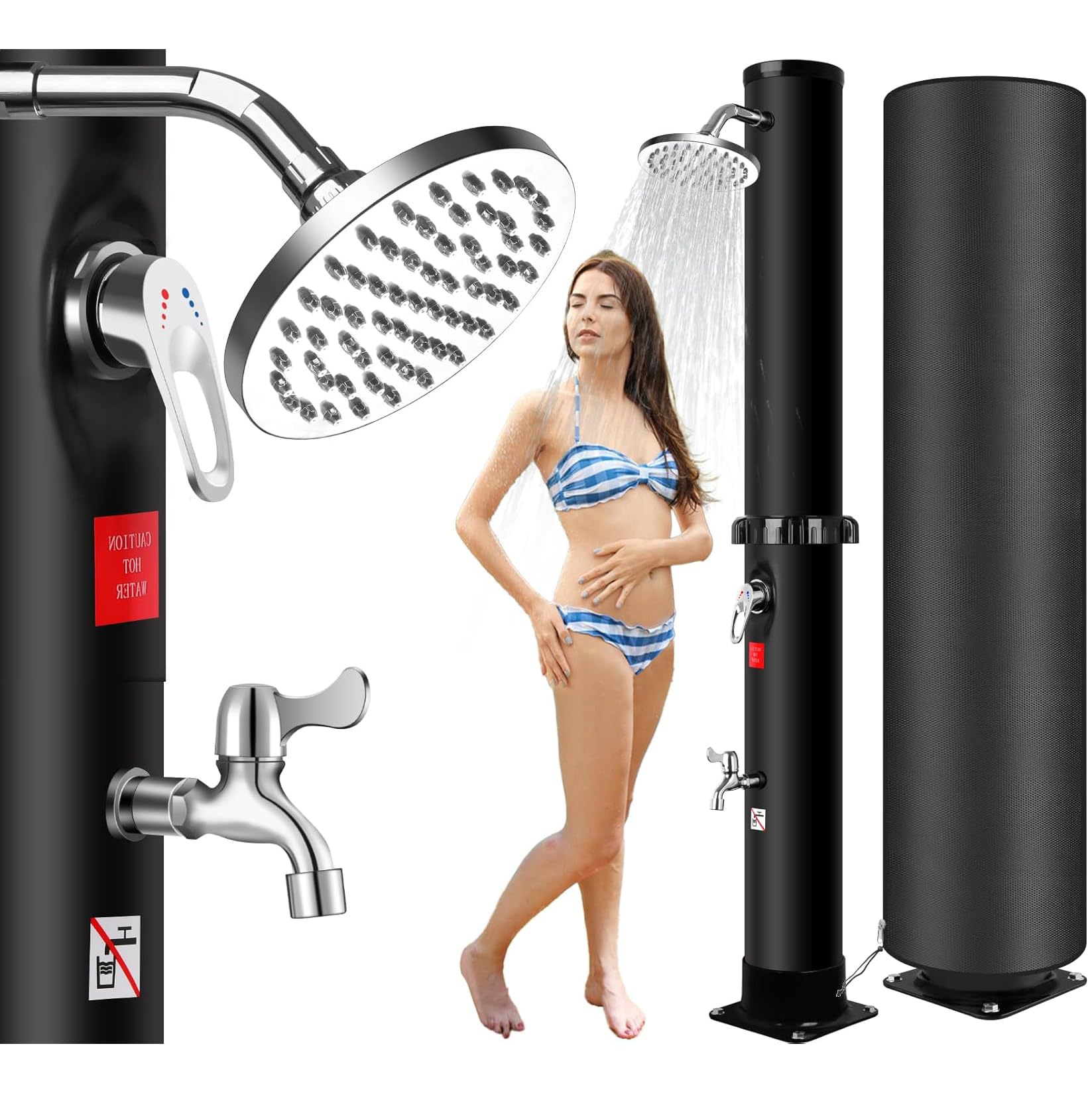 Doccia Solare Esterno 35 L, Colonna Doccia Solare Piscina con Telo Protettivo, Serbatoio PVC, Acqua Calda Fredda, Soffione Orientabile, Rubinetto Lavapiedi, Giardino Campeggio