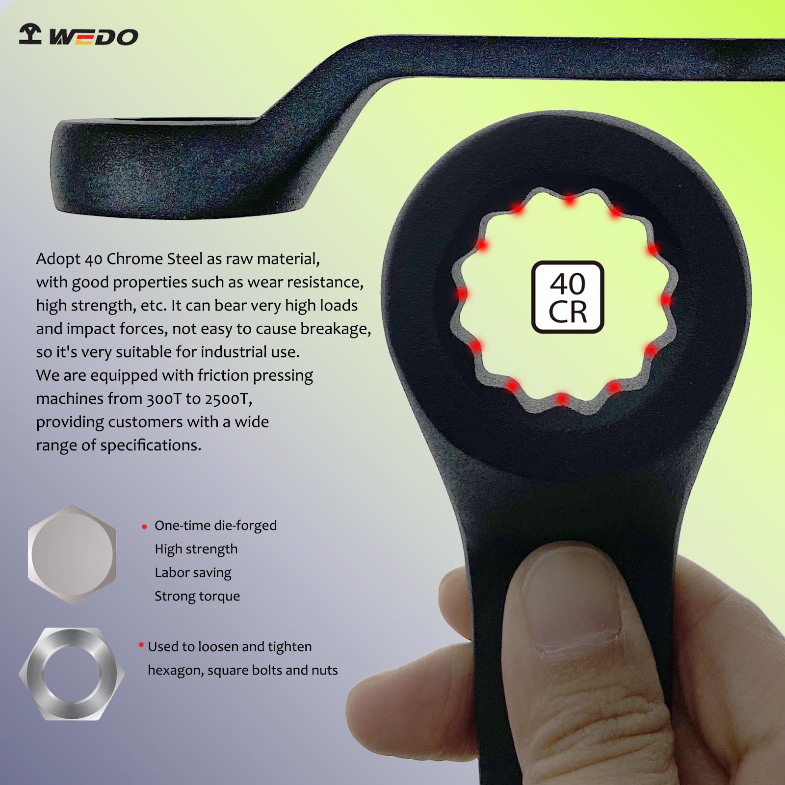 WEDO Llave de golpe poligonal 60mm,Llave de estrella, acodada,Largo 317mm,acero cromado 40,forjada de una sola vez, par fuerte, alta resistencia, resistencia al desgaste,DIN Criterios