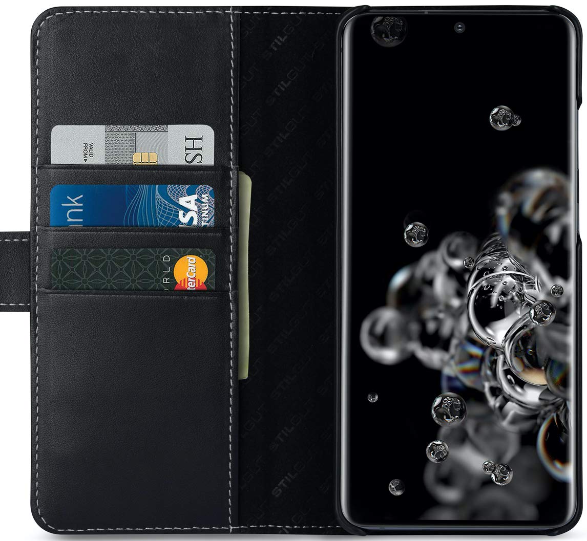 StilGut Wallet Case for Galaxy S20 Ultra, Genuine Leather Galaxy S20 Ultra Case with Card Slots & Magnetic Closure, Black Nappa - Image 2