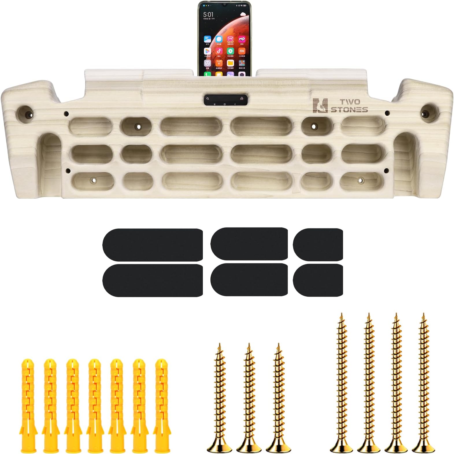 TWO STONES Hangboard Rock Climbing Hangboard with Phone Holder, Band Holder, Jugs, Pinches, Pockets, Edges and Slopes; Wood Hang Board for Climbing