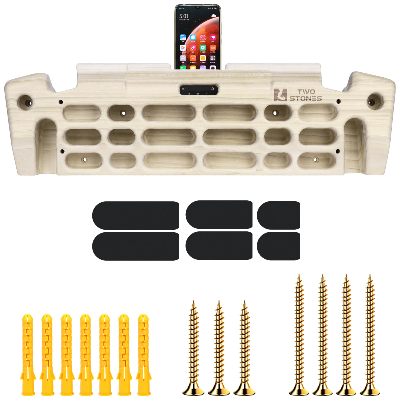 TWO STONES Hangboard Rock Climbing Hangboard with Phone Holder, Band Holder, Jugs, Pinches, Pockets, Edges and Slopes; Wood Hang Board for Climbing