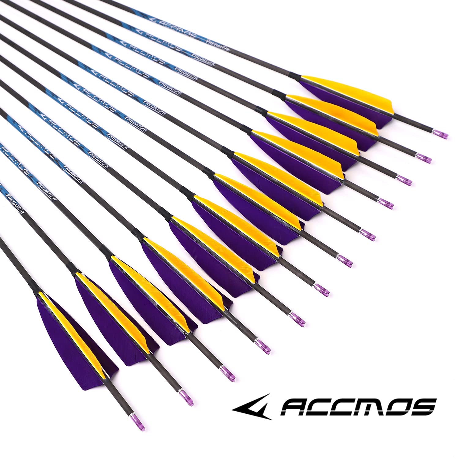 ACCMOS 12 Pezzi Caccia Freccia di Carbonio ID 4,2 mm Spine 300 350 400 500 600 700 800 900 1000 con 4 "Piuma di Tacchino per Tiro con L'Arco Tiro Accessori per Arco