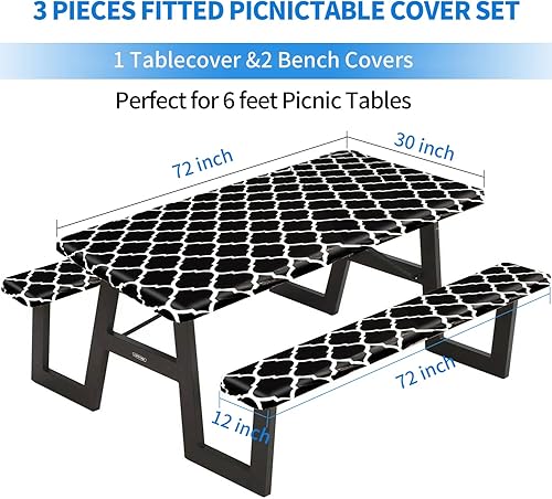 Miniatura 2 de Funda de mesa de picnic ajustable con fundas para banco, 3 piezas, impermeable, para campamento, pícnic, con borde elástico, para