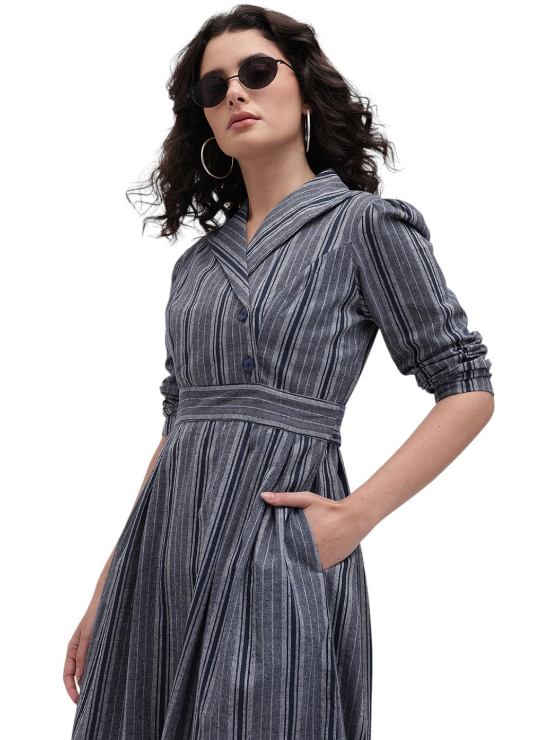 Blue & Grey Striped Lapel Collar Blazer Dress-image-17