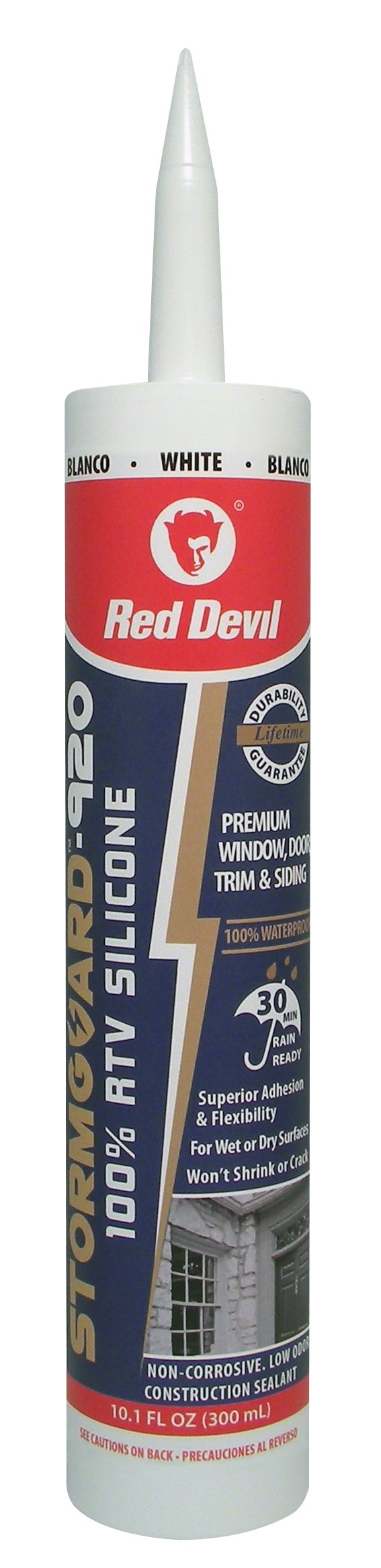 Red Devil0780 StormGuard 920 100% RTV Silicone Window and Door Sealant, A Water-Resistant Adhesive for Interior and Exterior Use, 10.1 oz. Tube, White, 1-Pack