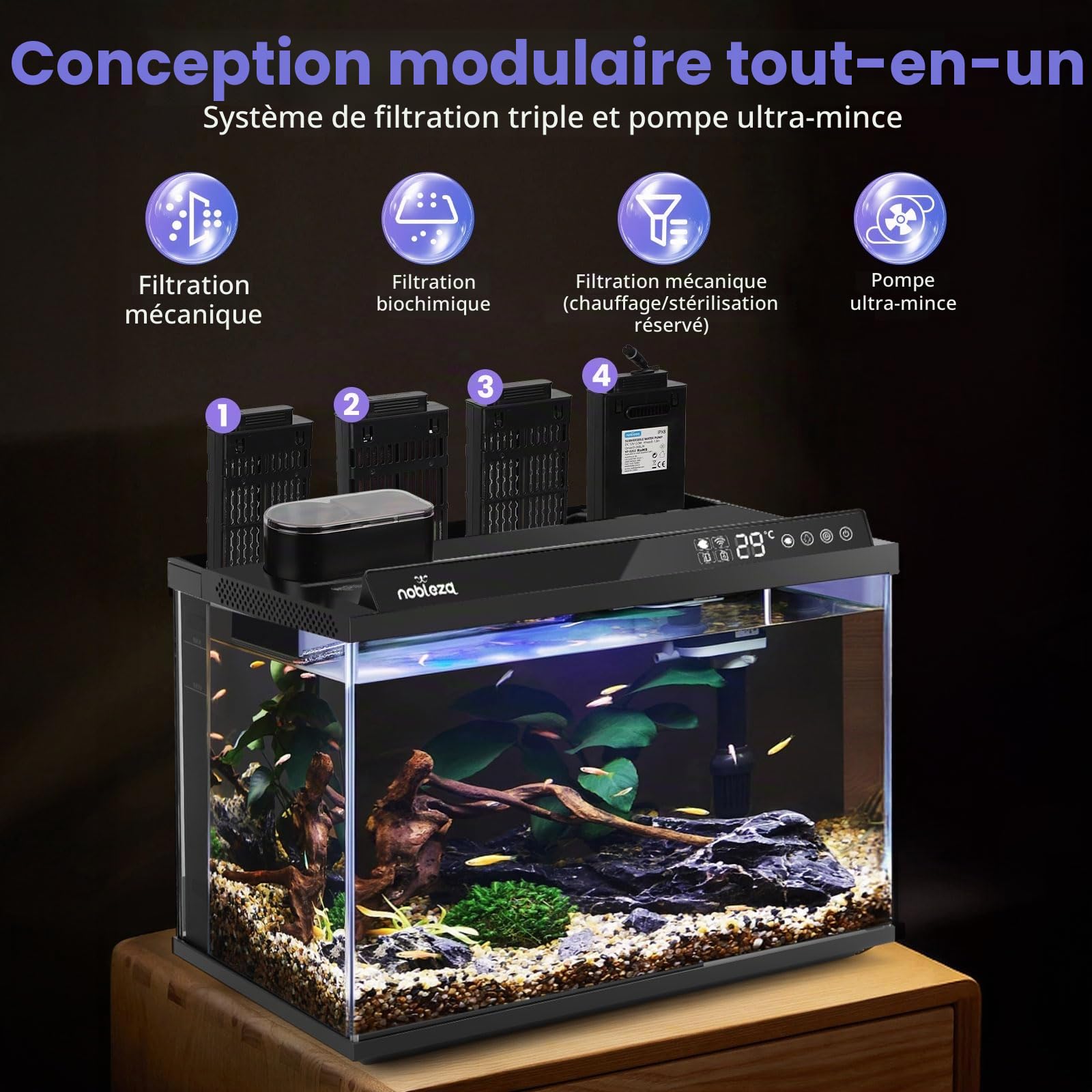 Nobleza Aquarium Smart 30L, Kit Complet WiFi avec App et Changement d'eau | Aquarium 30L en verre ultra-blanc avec pompe à 3 étapes, mangeoire automatique et 6 modes d'éclairage pour bureau et débutant