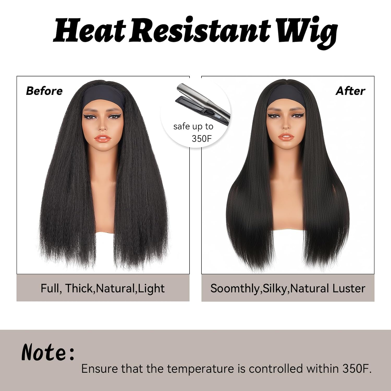 Kinky Straight Headband Wig, Yaki Straight Headband Wigs for Black Women, Synthetic Half Wigs with Headband, Glueless & No Lace Front, Soft Natural Look & Easy to Style