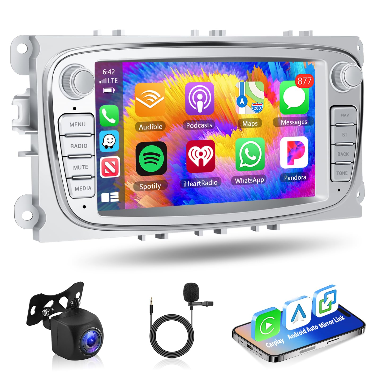 Wireless Carplay Autoradio für Ford Focus II S-Max Mondeo Galaxy II, 9" 2+64G Android Car Radio with Android Auto/Touch Screen/Bluetooth/GPS/SWC/WiFi/Mirror Link/FM/RDS + Rückenkamera