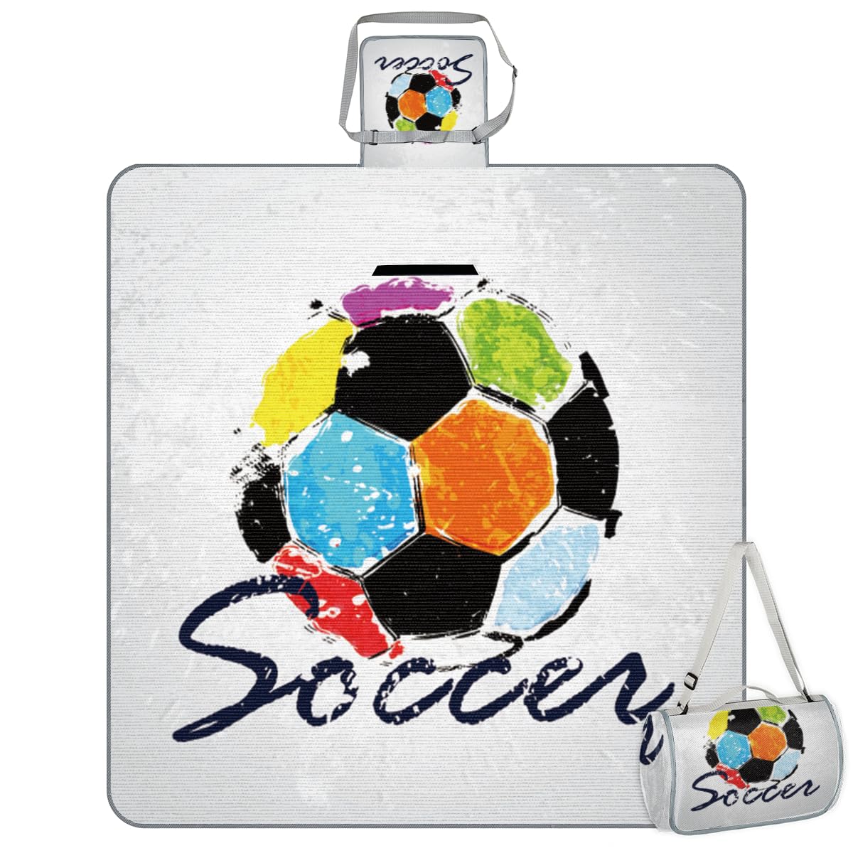 Shimoshe Picnic Blankets 57”x 59”, Watercolor Soccer Football Waterproof Sandproof Picnic Mat Lightweight Foldable Beach Blanket for Camping Park Grass Beach Outdoor Blanket