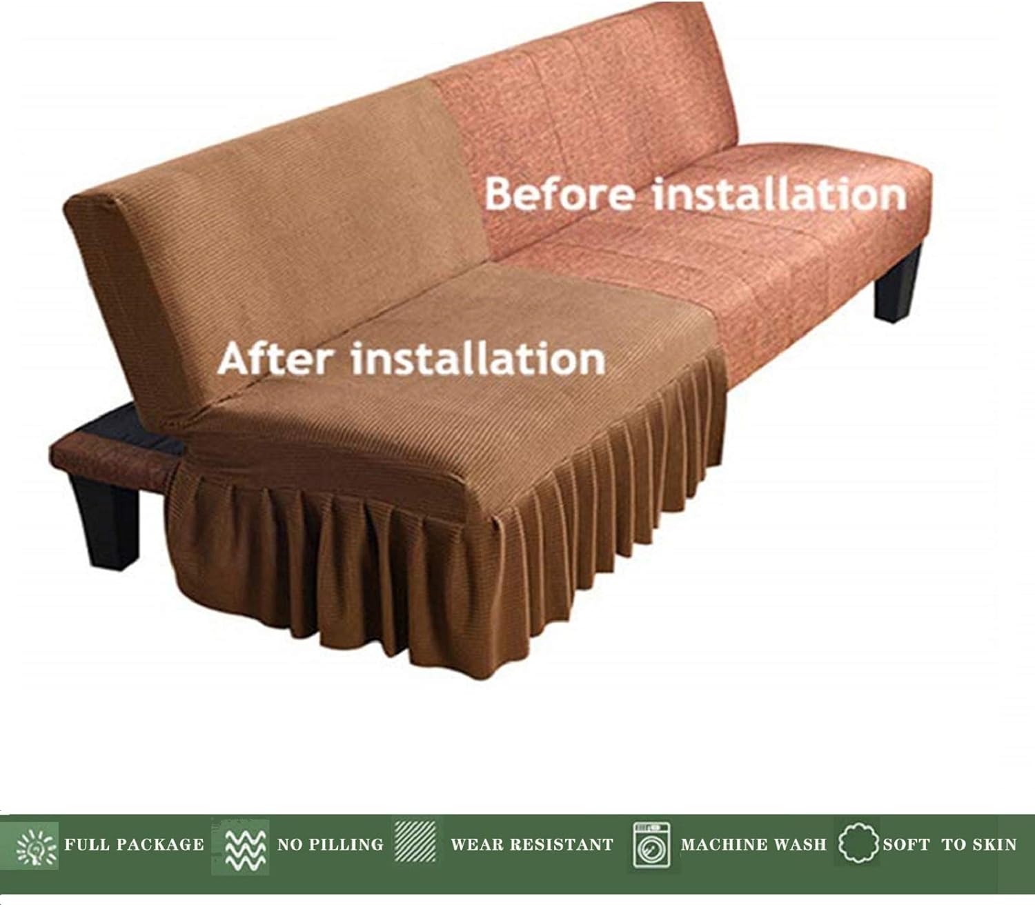 Armless Futon Cover with Skirt Ruffled Stretch Futon Sofa Bed Cover Machine Washable Stain Resistant Futon Couch Cover Brown 70.5"-78.5"