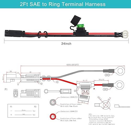 Miniatura 2 de Arnés de terminal SAE a junta tórica de 2 pies 10 AWG - Terminal de junta tórica con ojales, arnés de calibre 10 con fusible de 30 A, cable de carga