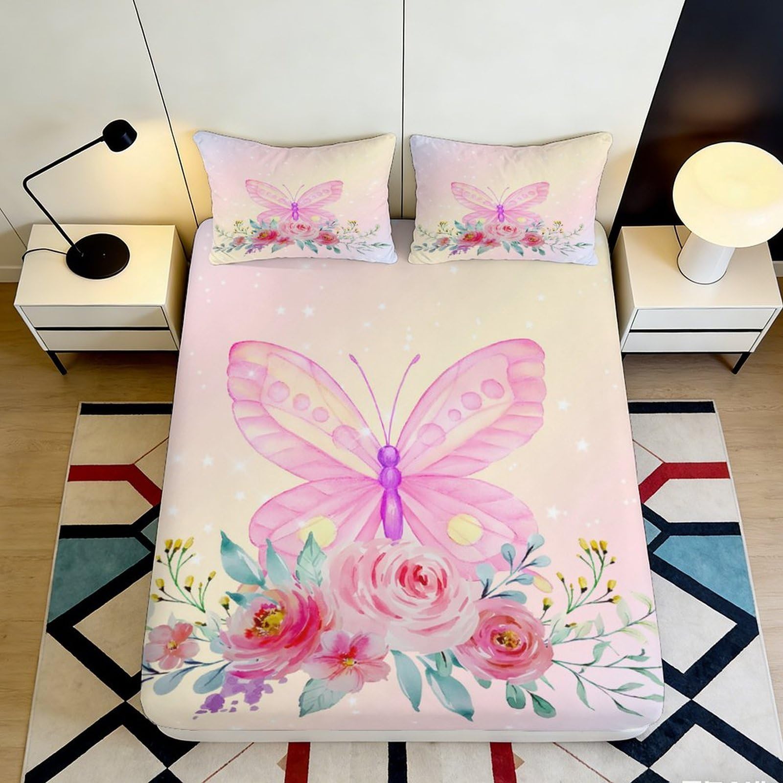 3D Printed Skull Floral Fitted Sheet Microfiber Non-Slip Deep Pocket Bedroom Bedding Artistic Mattress Fitted Cover Washable 180x200x25cm