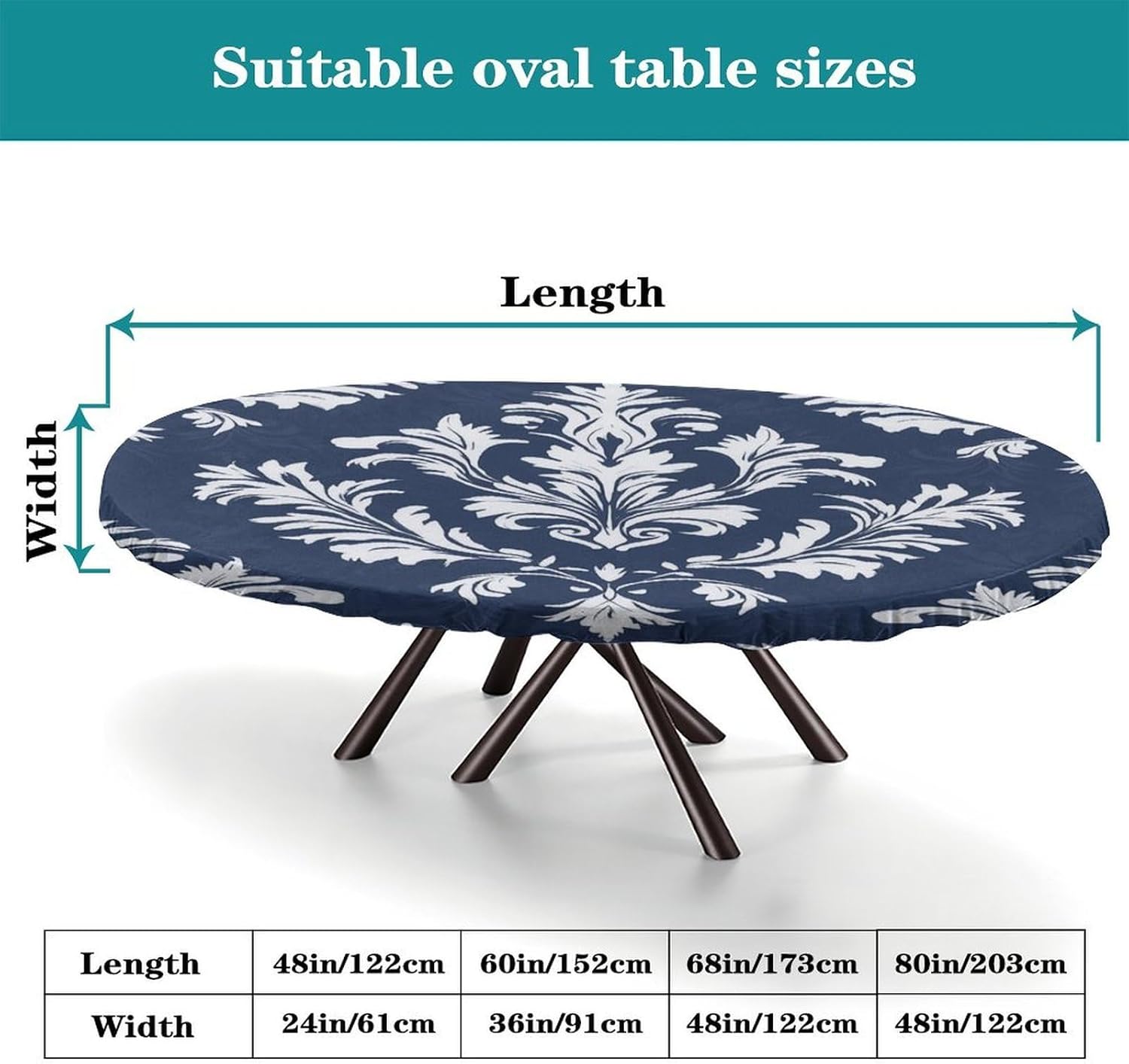 Oval Clear Plastic Tablecloth Protector, Navy Blue Damask Pattern Printed on Oval Fitted Table Cover, Ideal for Outdoor Gatherings Buffets Cafes & Family Meals, Fits for 54" x 76" Oval Tables