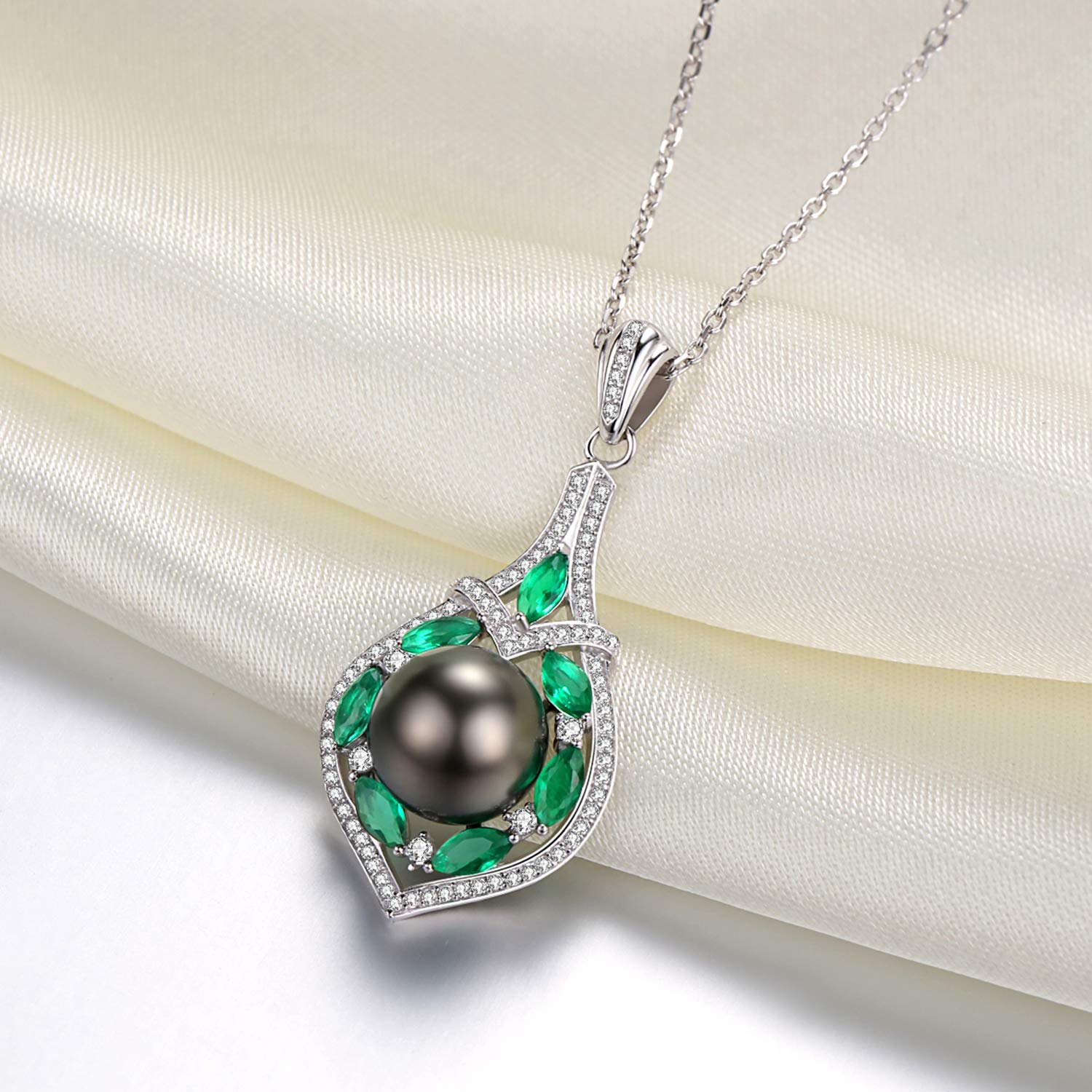 VIKI LYNN Collar con colgante de perlas negras cultivadas de Tahití, de 10 a 11 mm, plata de ley de calidad AAA, circonita cúbica para mujer, Plata esterlina Zirconia cúbica Plata de ley Circonita