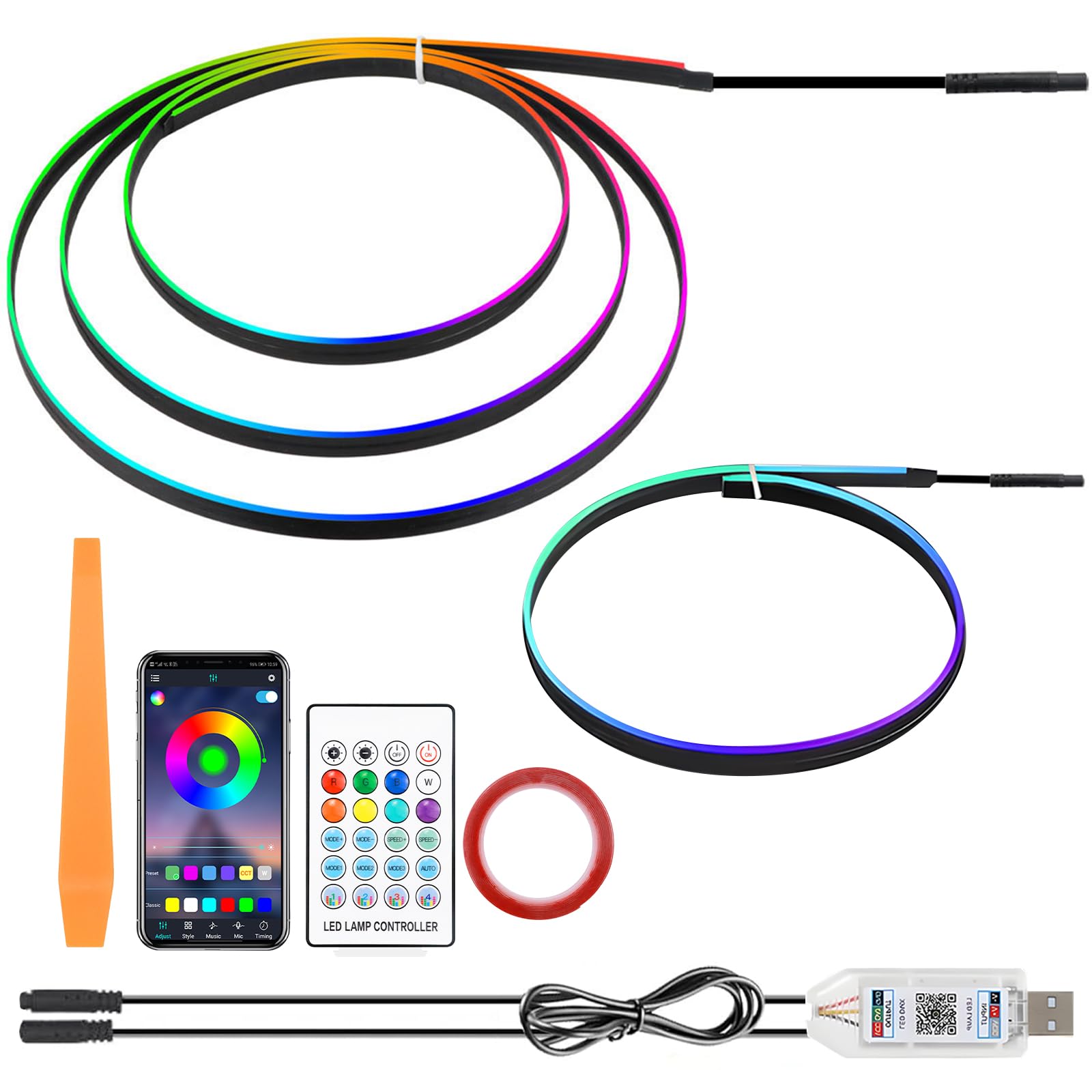 Illuminazione d'atmosfera dell'automobile, 2 In 1 Fibra Ottica Auto Interni, 110 Cm+35 Cm Luci Led Auto Interno, Led Macchina Interni Con 220 Modalità Dinamiche
