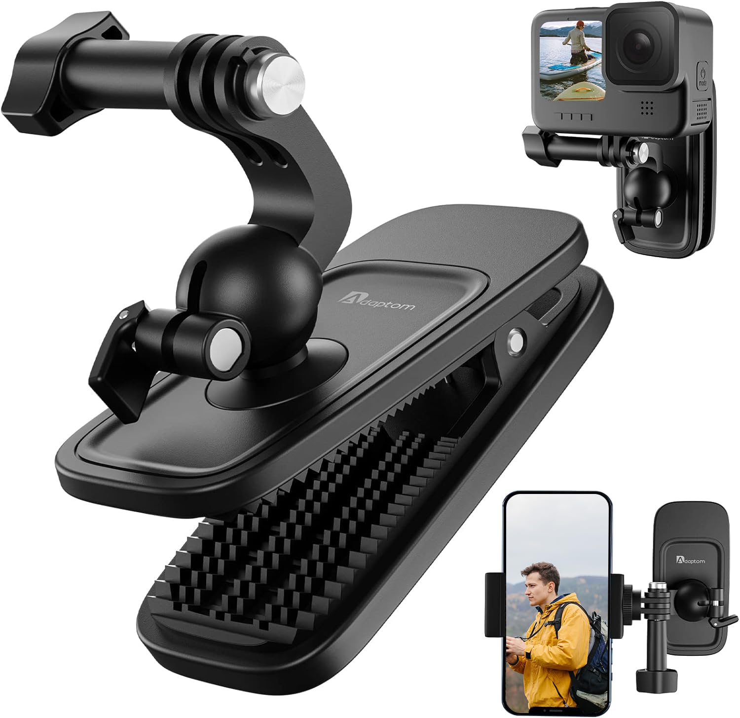 Adaptom 360° Swivel Backpack Clip Mount w Phone Holder, Bag Belt Shoulder Strap Body Attach Accessory for GoPro Max Hero 12 11 10 9 8 7 6 5, Insta360 X3 Go3, DJI Action 3 4 iPhone Android Accessories