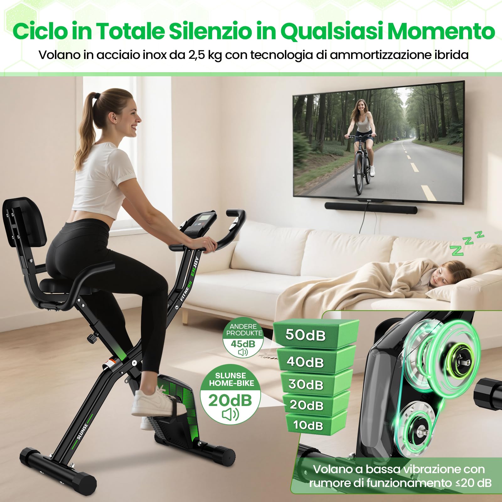 2026 Cyclette Pieghevole Silenziosa 3 in 1, Dotata di 10 Livelli di Resistenza Magnetica, Monitor LCD, Fascia Elastica e Sella Comoda