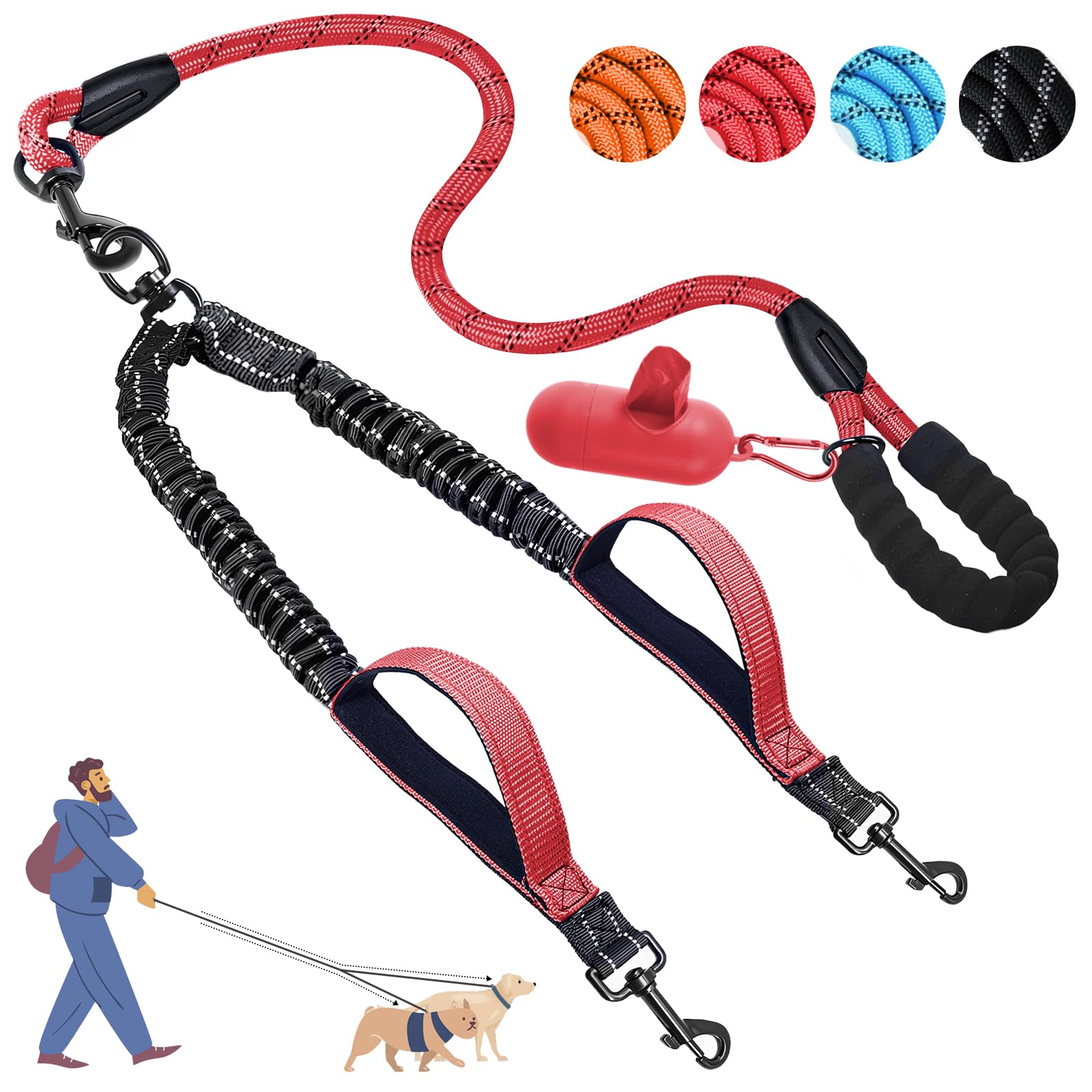 Blanlody Double Dog Lead for Walking 2 Dogs No Tangle, Reflective Bungee Split Lead with 360°Swivel Rotation,Two Padded Handles and Waste Bags for Walking and Traning, for Gifs