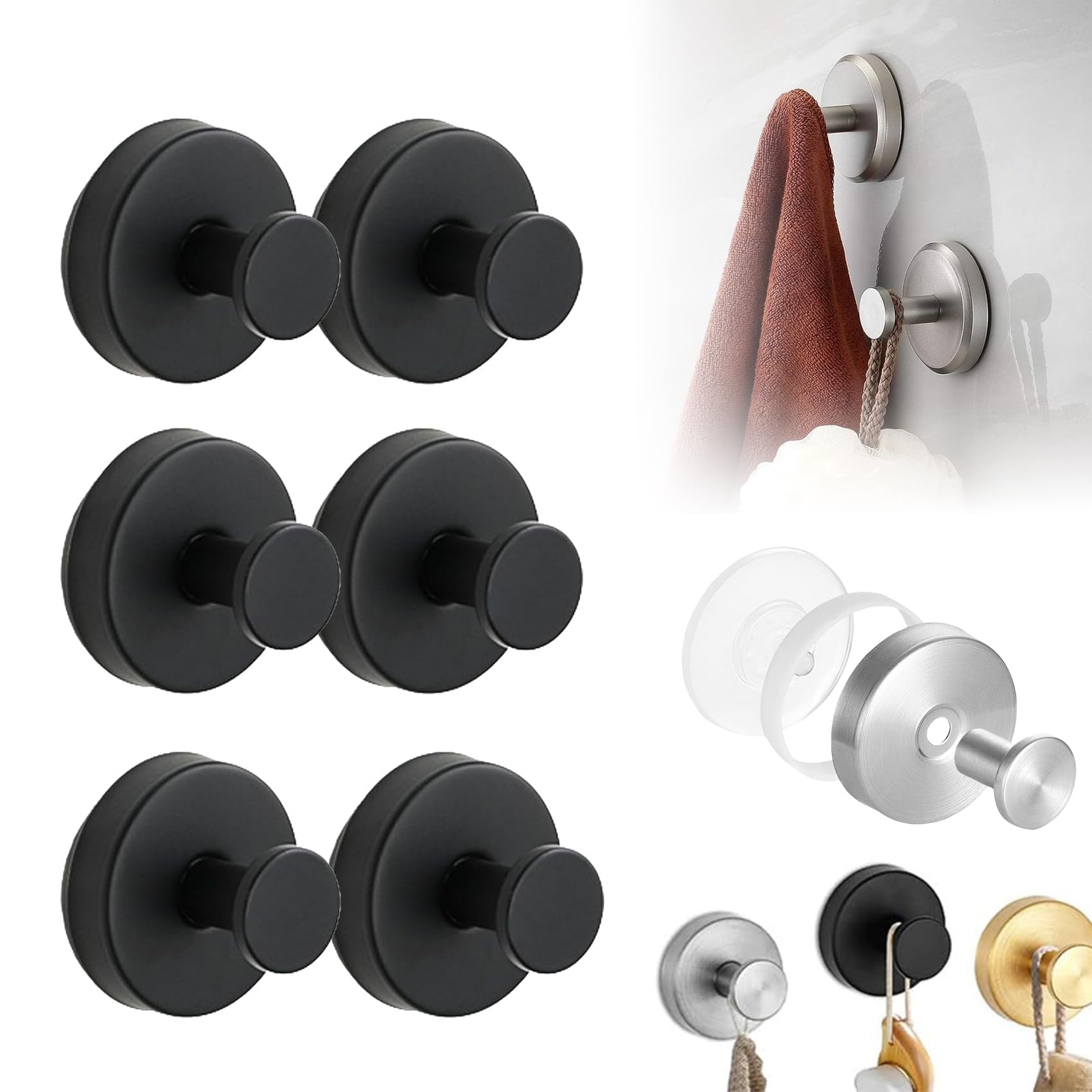 Luxe Hold No-Drill Hooks, Upgraded Suction Cup Hooks for Shower, Removable Reusable Stainless Steel Waterproof Suction Cup Hooks, Shower Hooks for Bathroom,Kitchen,Glass,Window,Mirror (Black, 6PCS)