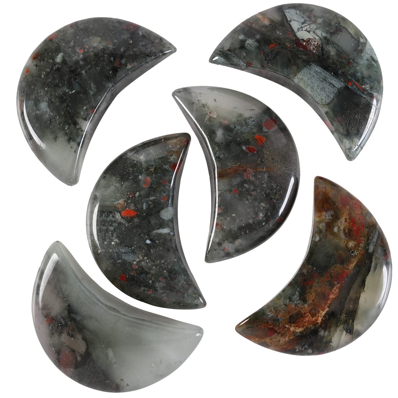 Amogeeli6pcs Crescent Moon Shape Healing Crystal Palm Pocket Stone for Reiki Meditation, Polished Stones for Home Decor Jewelry Making, Africa Bloodstone