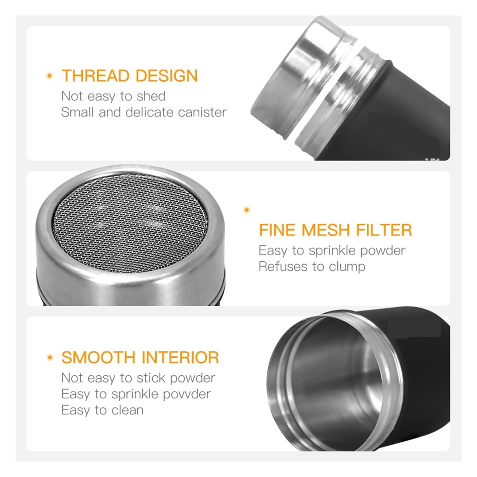 Pulverstreuer Espresso-Kaffeestreuer, Staubwedel, Pulververteiler, Edelstahl mit Deckel, Kakao-Café-Zubehör(Black 2Pcs)