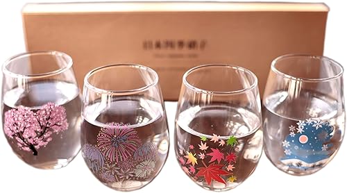 丸モ高木陶器 Juego de vasos de cristal japoneses que cambian de color, vasos multiusos de floración mágica, flor de cerezo, fuegos artificiales, hojas de