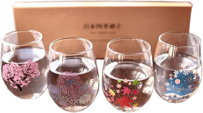 Japanese Four Seasons Color Changing Glass Cup Set, Magical Blooming Multi-purpose Glasses – Cherry Blossom, Fireworks, Autumn Leaves, Snowflakes .