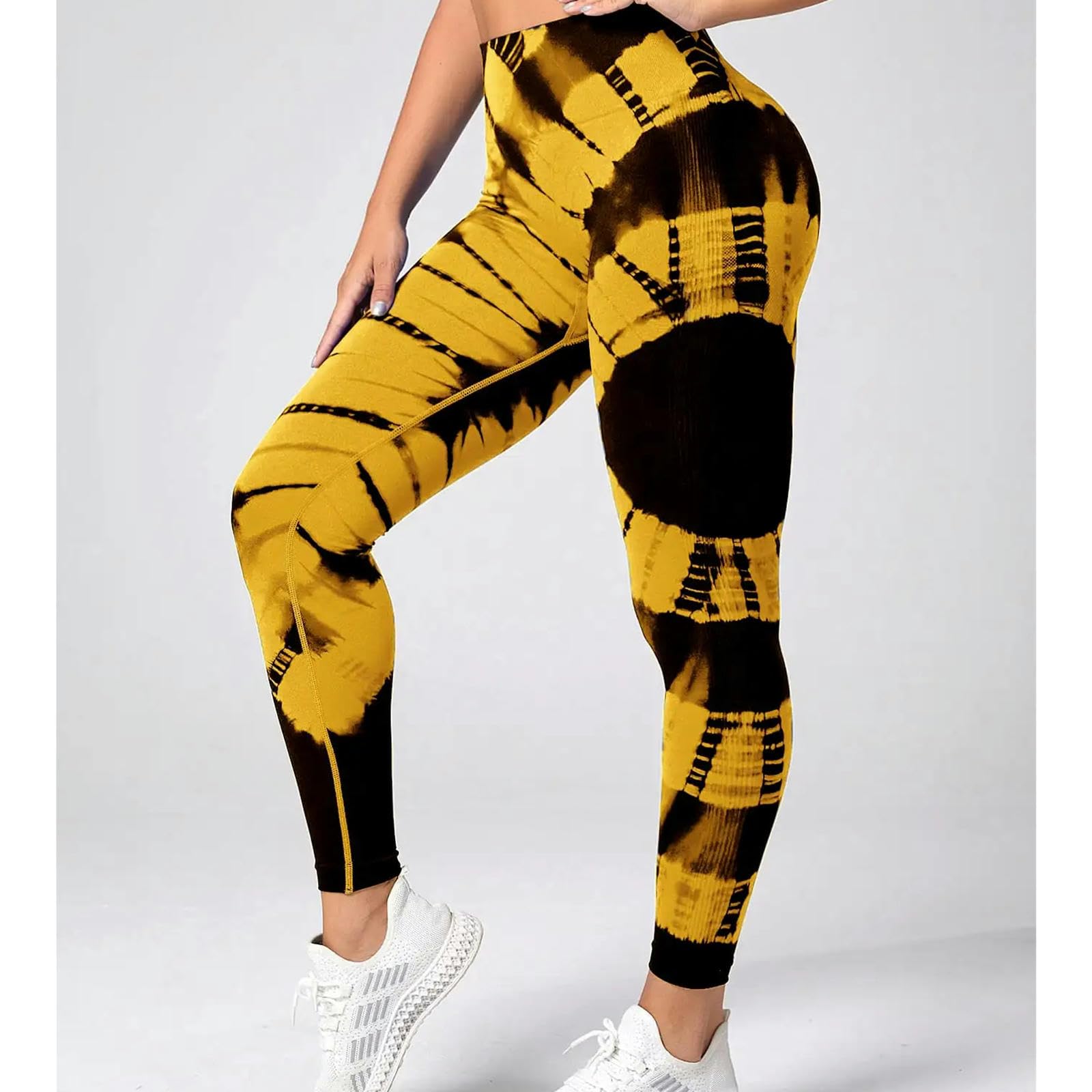 Legginsy dla kobiet Wielka Brytania bezszwowe legginsy dla kobiet fitness spodnie do jogi wysoka talia tie dye legginsy trening Scrunch lifting pośladków-żółty czarny-L