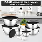 E-far Mixing Bowls with Lids Set, 7-Piece Stainless Steel Metal Mixing Bowls with 3 Grater Attachments, Size 4.6, 3.5, 2.6, 2, 1.5, 1, 0.7QT, Nesting Design & Black Airtight Lids, For Baking/Cooking