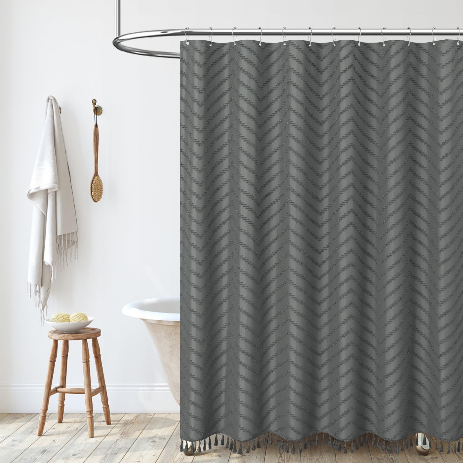 Dynamene Bardzo długa zasłona prysznicowa, 213 cm, boho, pikowana tkanina w paski, zasłona prysznicowa do łazienki, wysoka Shabby Chic wodoodporna zasłona prysznicowa z haczykiem, grafitowo-szara, 72